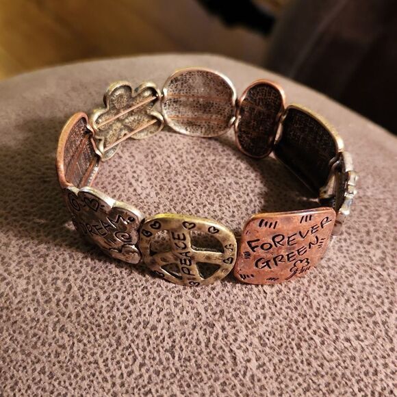 5/$15 Multi tone metal bracelet, bohemian style with save the Earth phrases - Picture 6 of 7